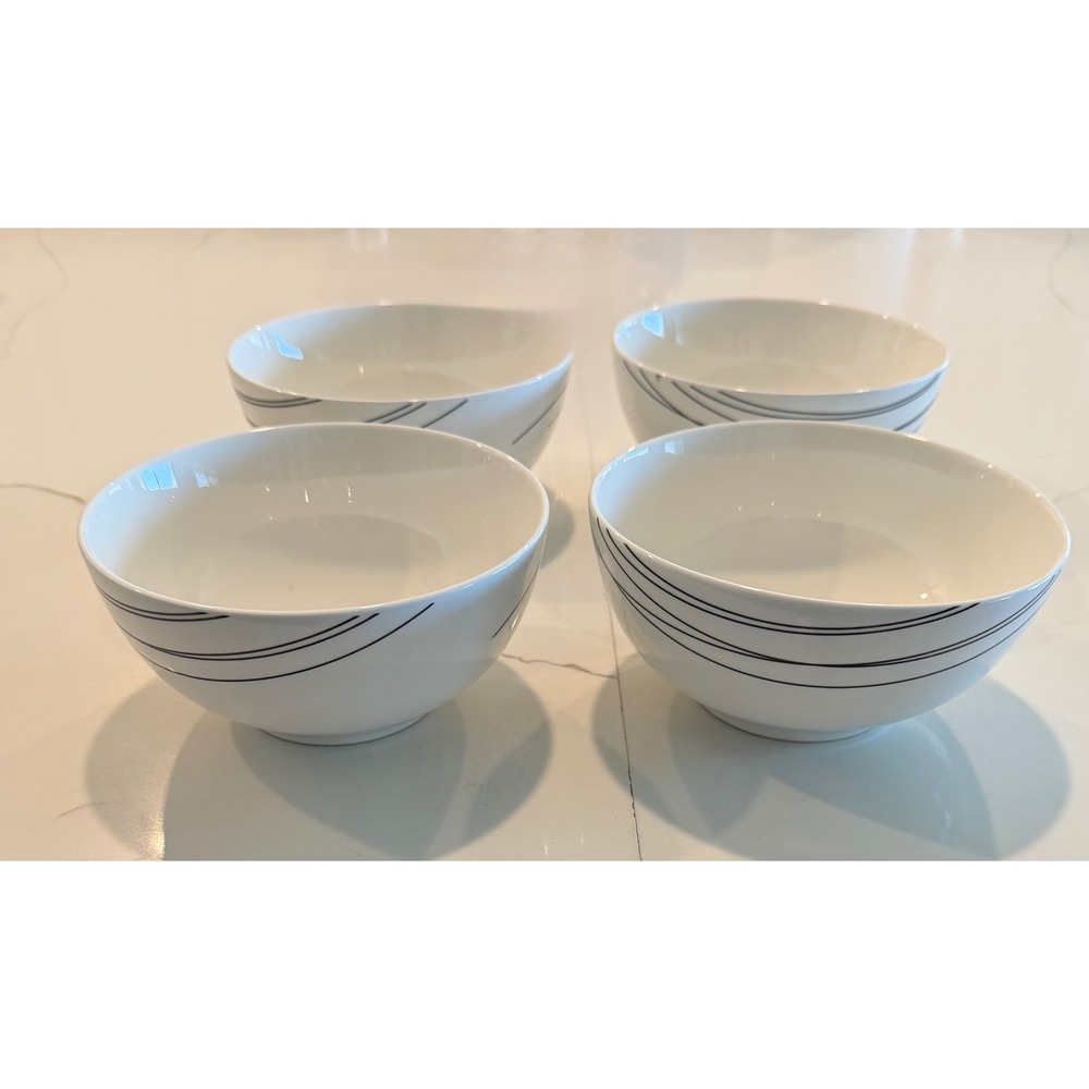 Blue Harbor Collection White Ceramic Bowls Black Linear Design Set of 4 Modern